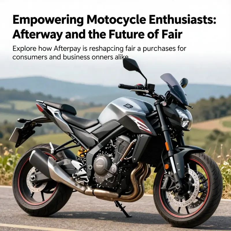 A custom motorcycle fairing stands out in a scenic background, highlighting the blend of style and financial flexibility through Afterpay.