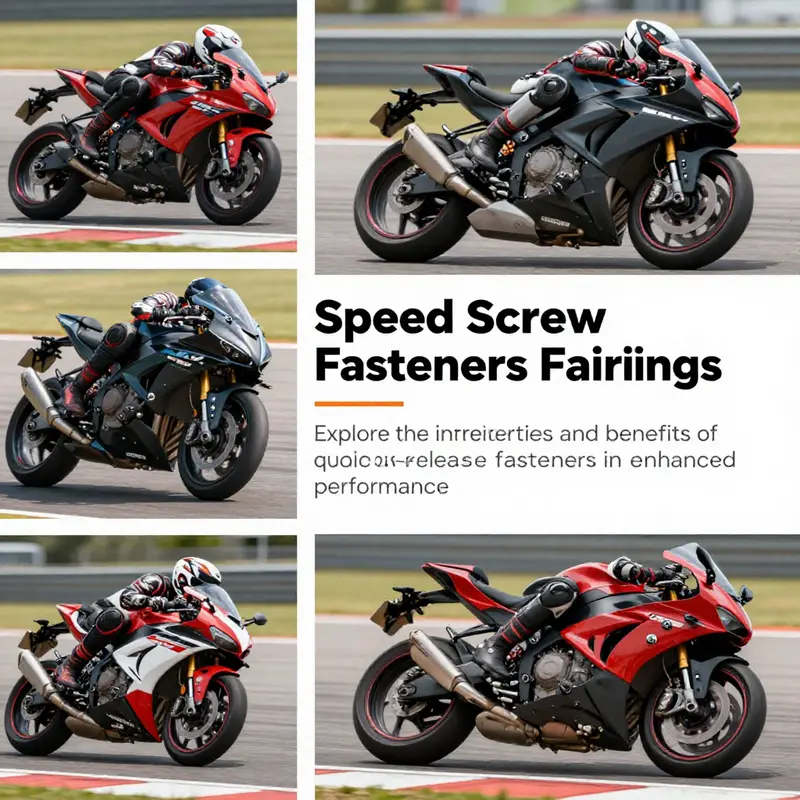 Collage of racing motorcycles featuring quick-release fasteners in use during competition.