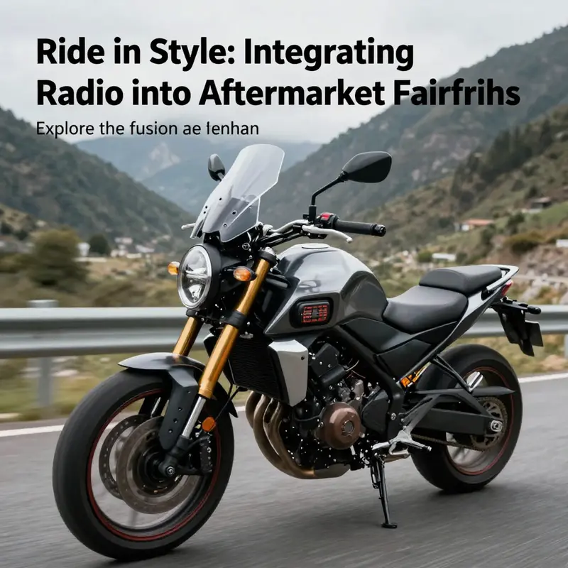 A dynamic shot of a motorcycle on a scenic road, showcasing aftermarket fairings with a built-in radio system.