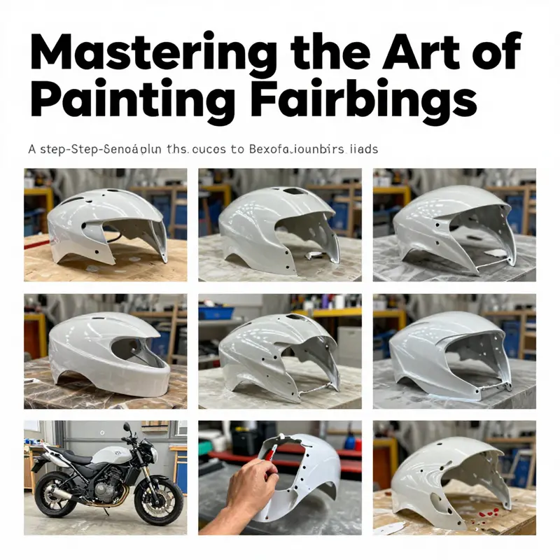 A visual representation of the painting process for motorcycle fairings, showcasing preparation, priming, base coat, clear coat, and finishing touches.