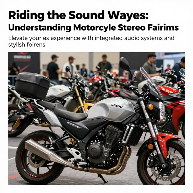 A motorcycle expo showcasing various models with integrated stereo fairings, illustrating advancements in motorcycle audio technology.