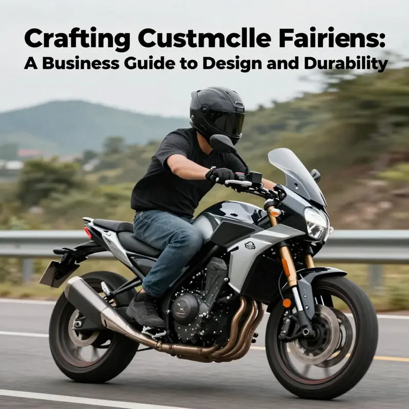 A motorcyclist enjoying a ride with a unique custom fairing on a scenic background.