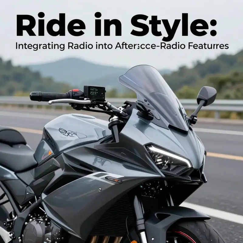 A modern motorcycle equipped with a stylish aftermarket fairing, showcasing integrated radio functionality.