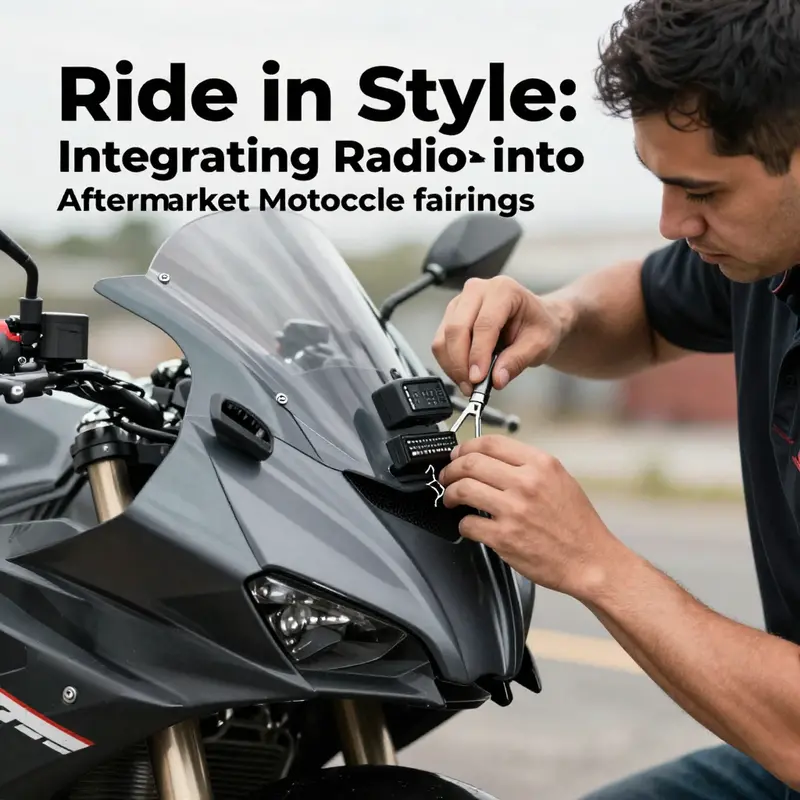 A modern motorcycle equipped with a stylish aftermarket fairing, showcasing integrated radio functionality.