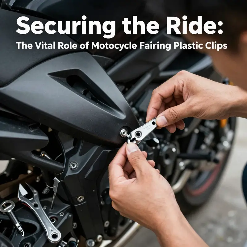 Close-up of motorcycle fairing plastic clips securely fastening panels.