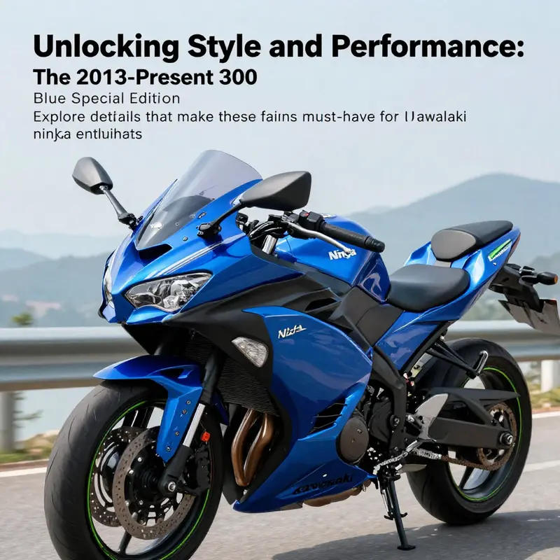 Kawasaki Ninja 300 Blue Special Edition motorcycle featuring premium aftermarket fairings in a picturesque environment.