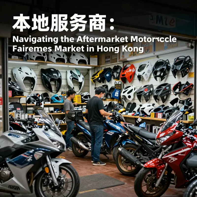 Vibrant marketplace in Hong Kong specializing in motorcycle fairings.