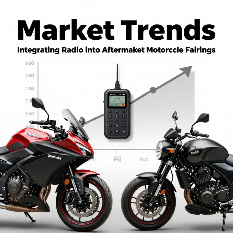 A modern motorcycle equipped with a stylish aftermarket fairing, showcasing integrated radio functionality.