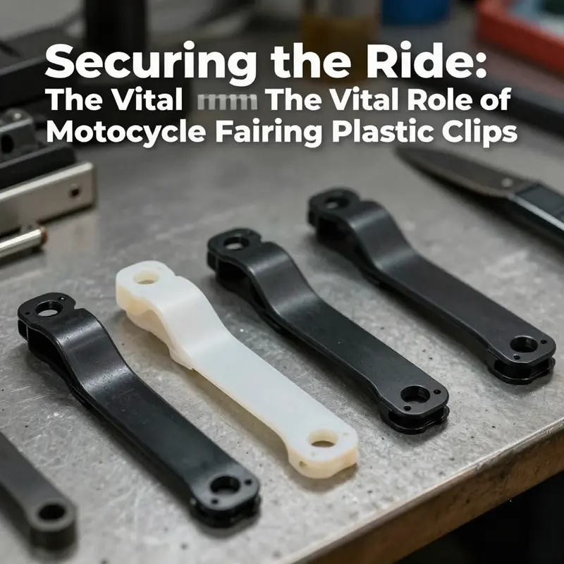 Close-up of motorcycle fairing plastic clips securely fastening panels.