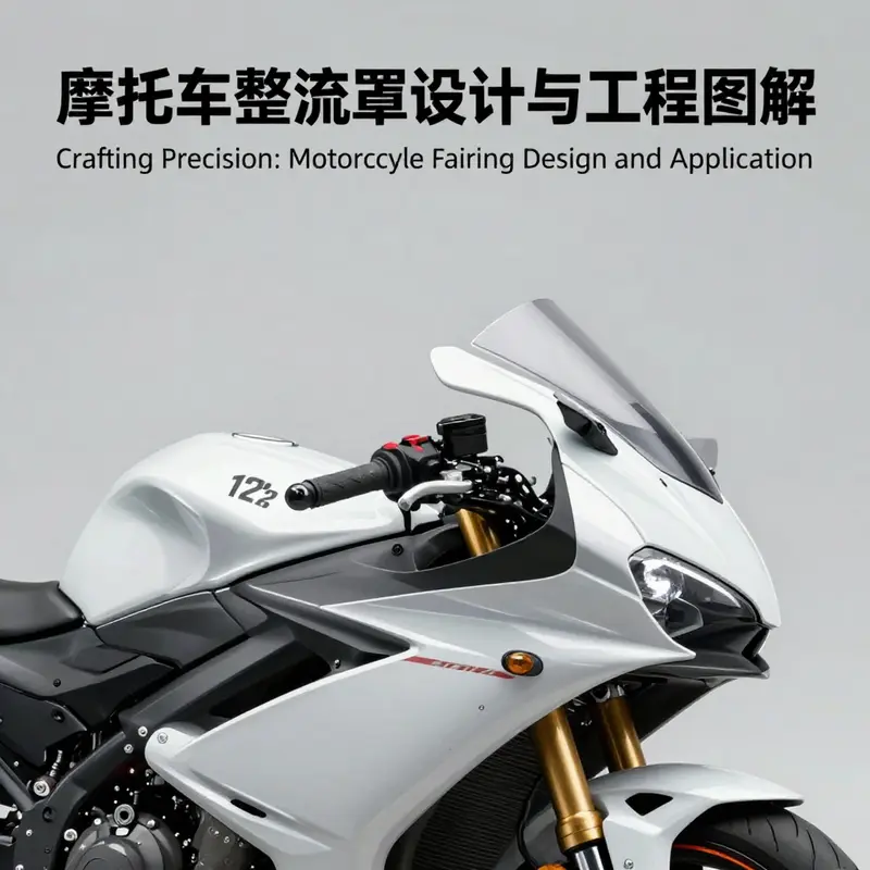 Technical illustration of a modern motorcycle fairing design focusing on aerodynamics and structure.