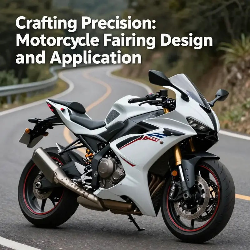 A motorcycle on a scenic road highlighting an advanced fairing design, representing speed and engineering innovation.