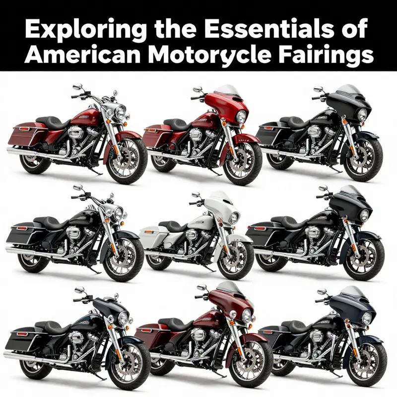 Different types of American motorcycle fairings displayed on various models.