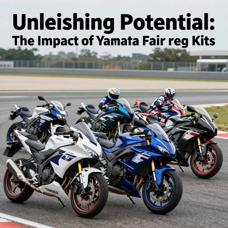 Multiple Yamaha motorcycles adorned with various fairing kits on a racetrack, illustrating the blend of performance and style.
