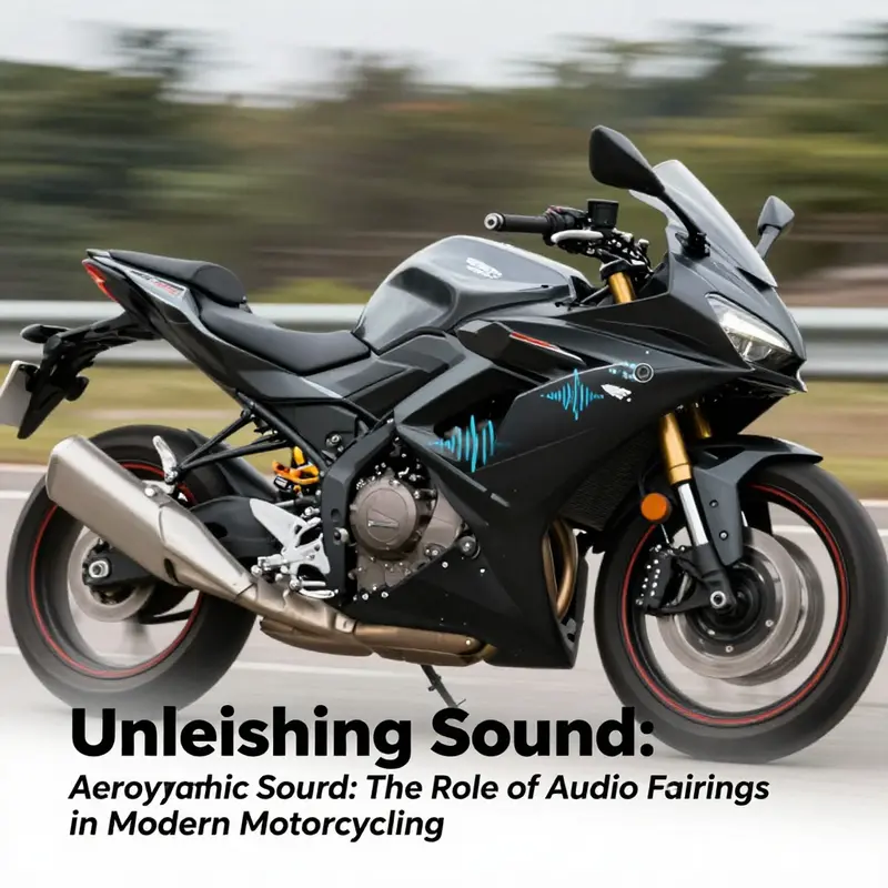 An integrated audio system within a motorcycle fairing emphasizing technological advancement in design.