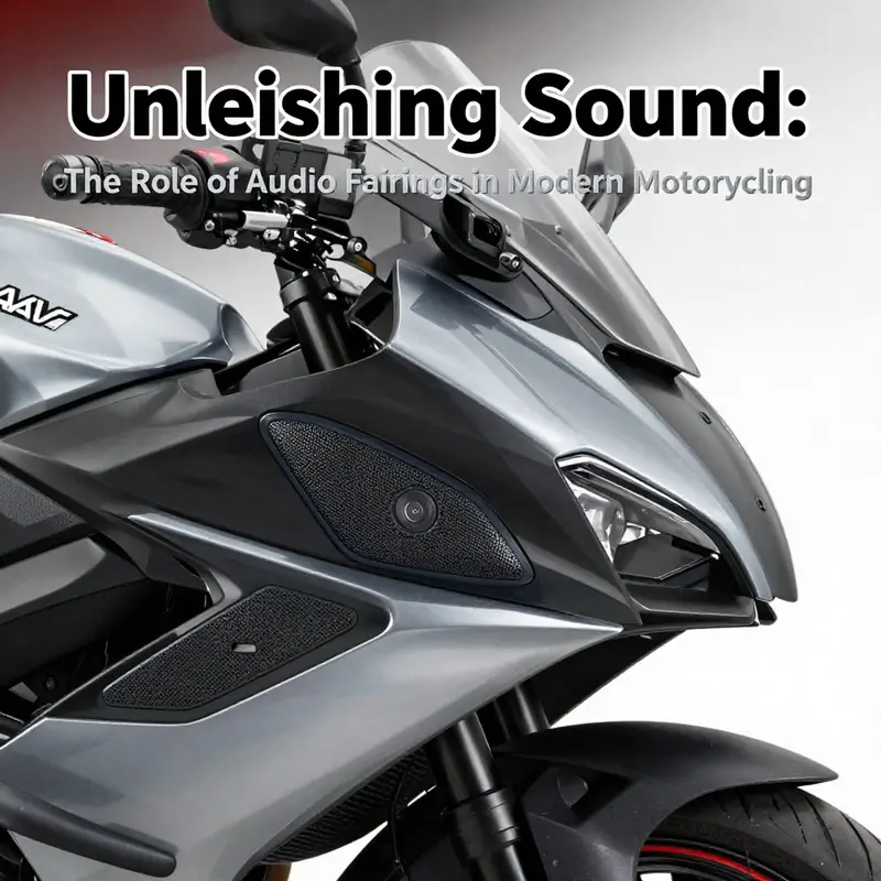An integrated audio system within a motorcycle fairing emphasizing technological advancement in design.
