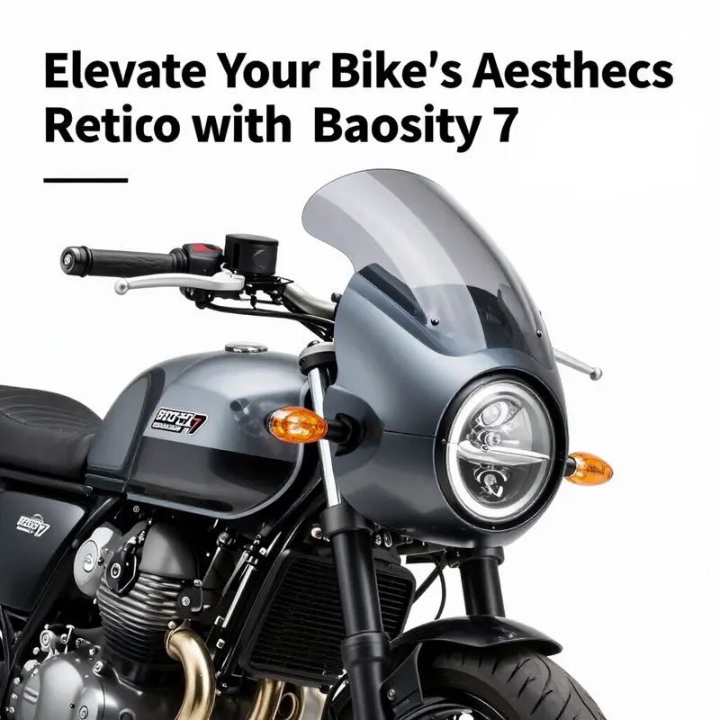 The Baosity 7″ Wind Screen displaying its key features and stylish design on a retro cafe racer.