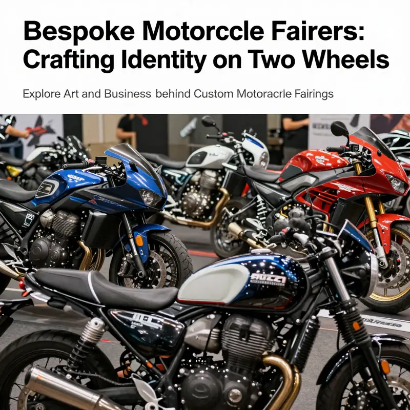 Display of various bespoke motorcycle fairings in a showroom, emphasizing different designs and styles available for customization.