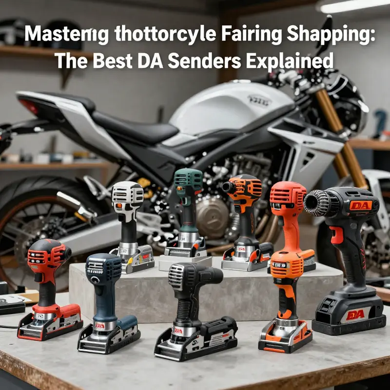 Various DA sanders ready for motorcycle fairing shaping in a professional workshop.