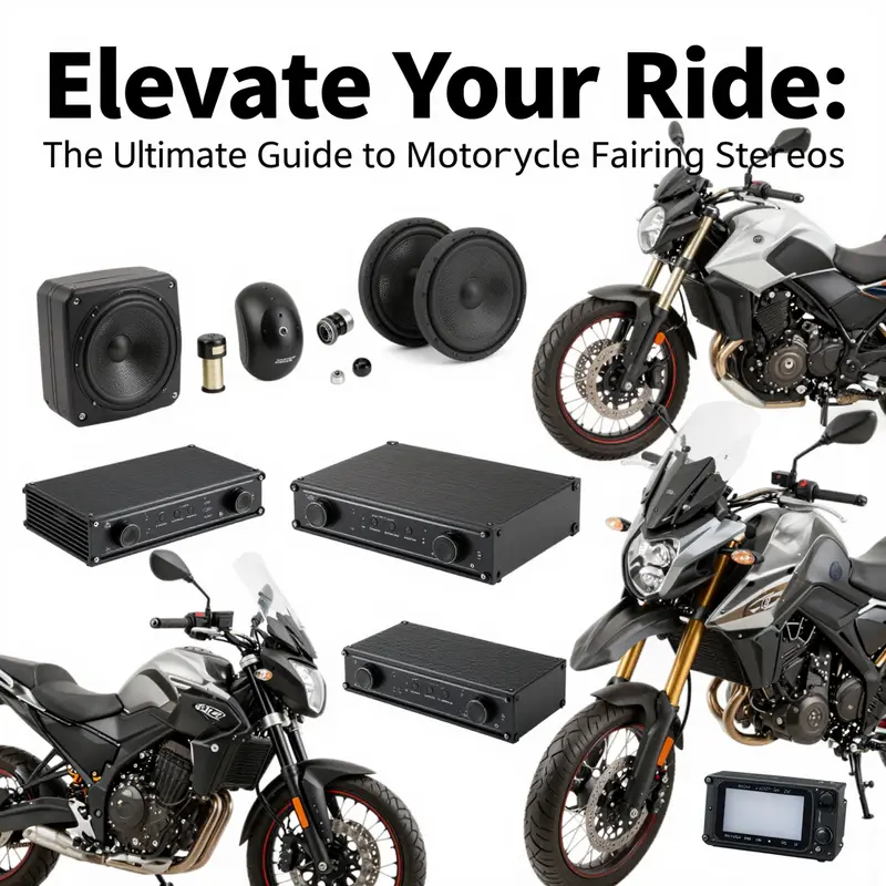 A display of various motorcycle fairing stereos highlighting essential features.