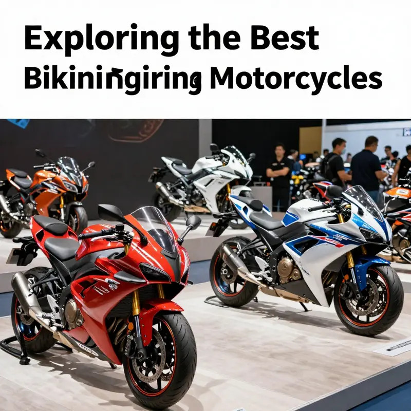 Various bikini fairing motorcycles on display, showcasing distinct designs and colors at a motorcycle expo.