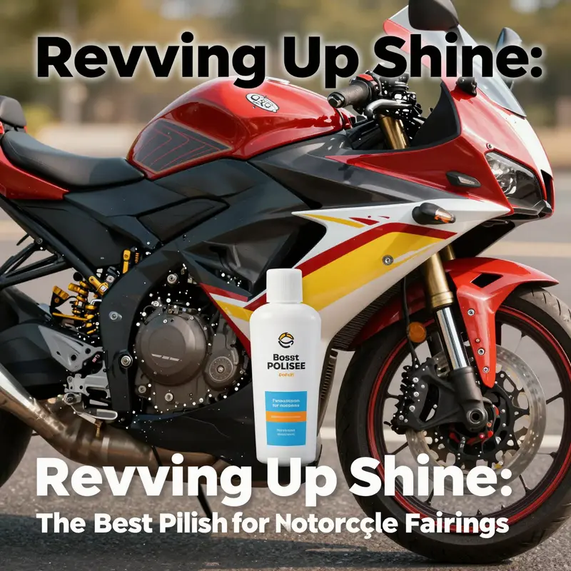 A motorcycle with shiny fairings bathed in sunlight, with various polish products beside it to emphasize the importance of motorcycle care.