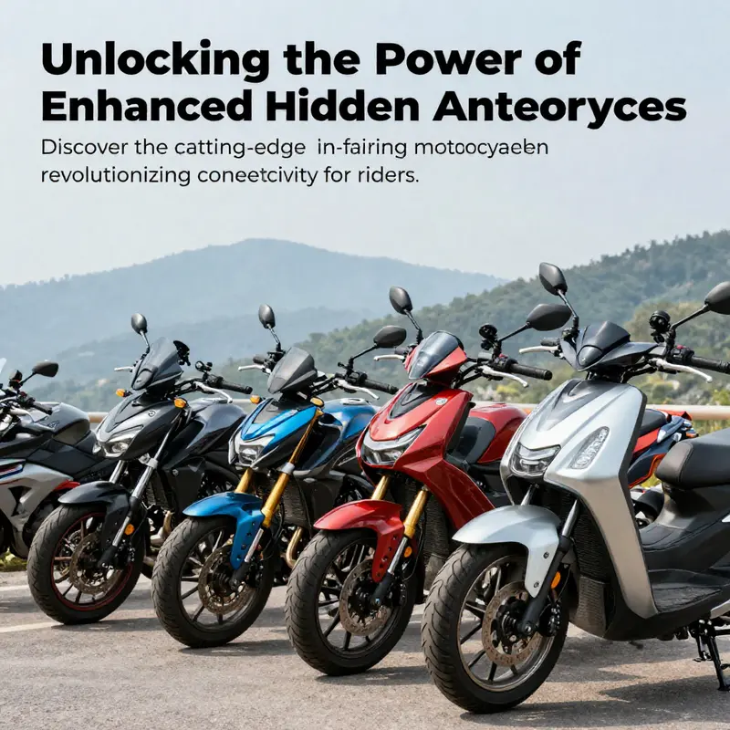 Several motorcycles featuring Enhanced Hidden Antennas against a scenic outdoor backdrop, highlighting their stylish designs.