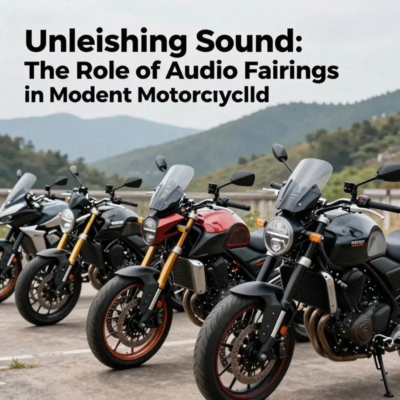 A group of motorcycles featuring modern audio fairings set in a beautiful outdoor environment.