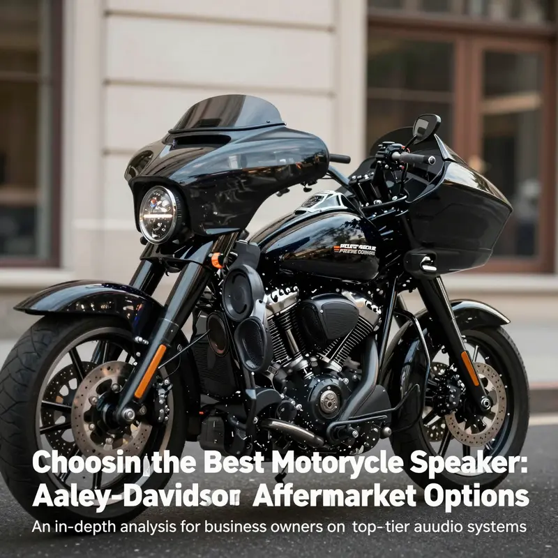 Harley-Davidson motorcycle with highlighted features of audio system, set in an urban environment.