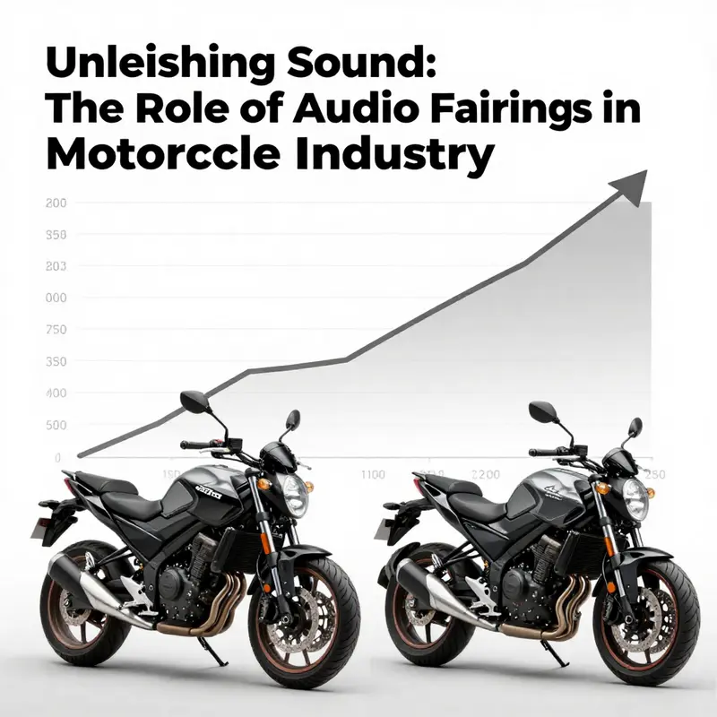 An integrated audio system within a motorcycle fairing emphasizing technological advancement in design.