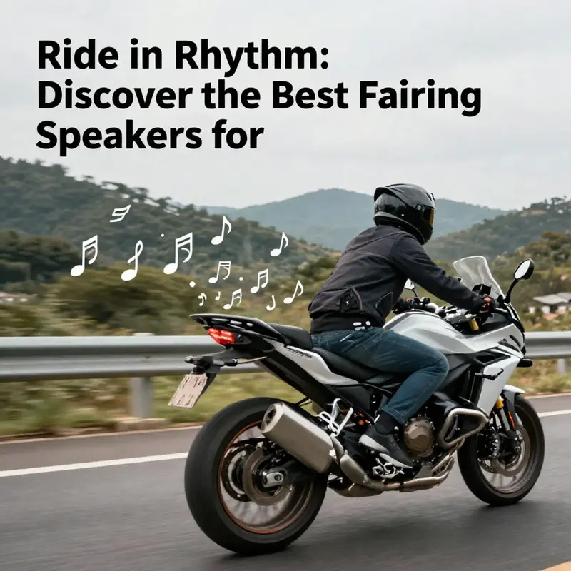 Motorcycle on a scenic road with musical notes depicting enhanced audio from fairing speakers.