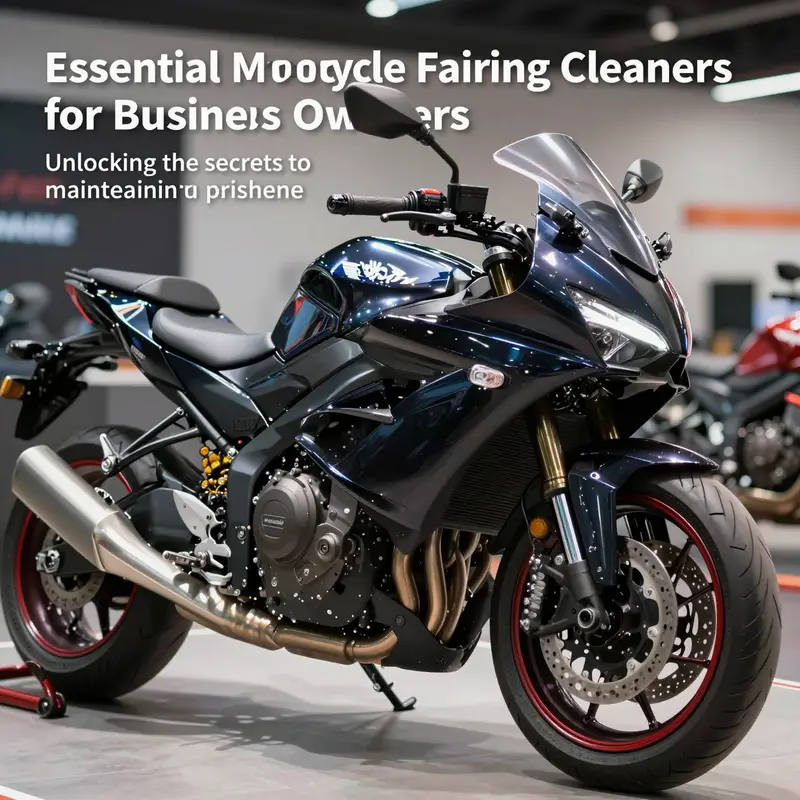 A polished motorcycle on display, illustrating the results of excellent fairing cleaning.