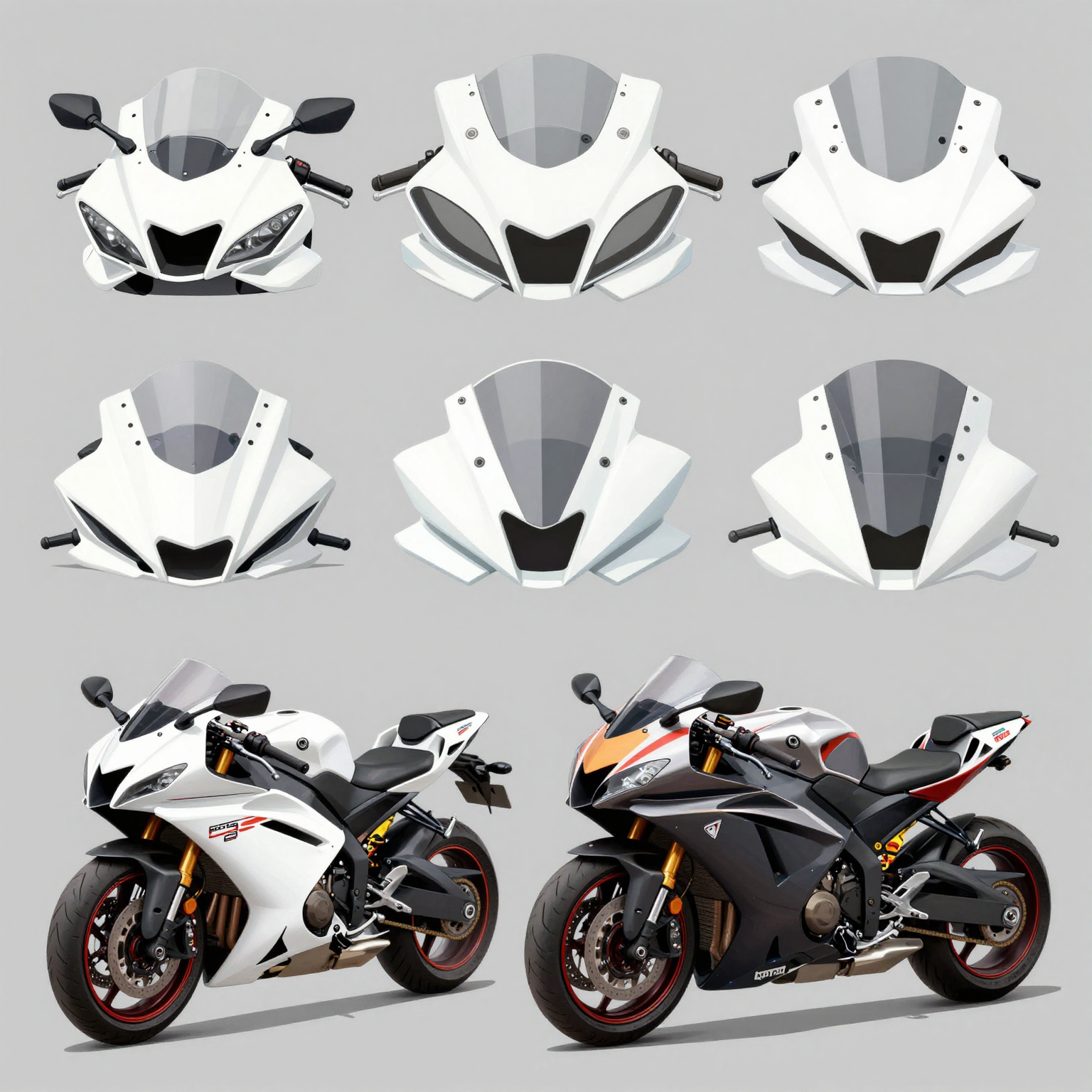 Various styles of race fairings for the 2008 Yamaha R6 motorcycle