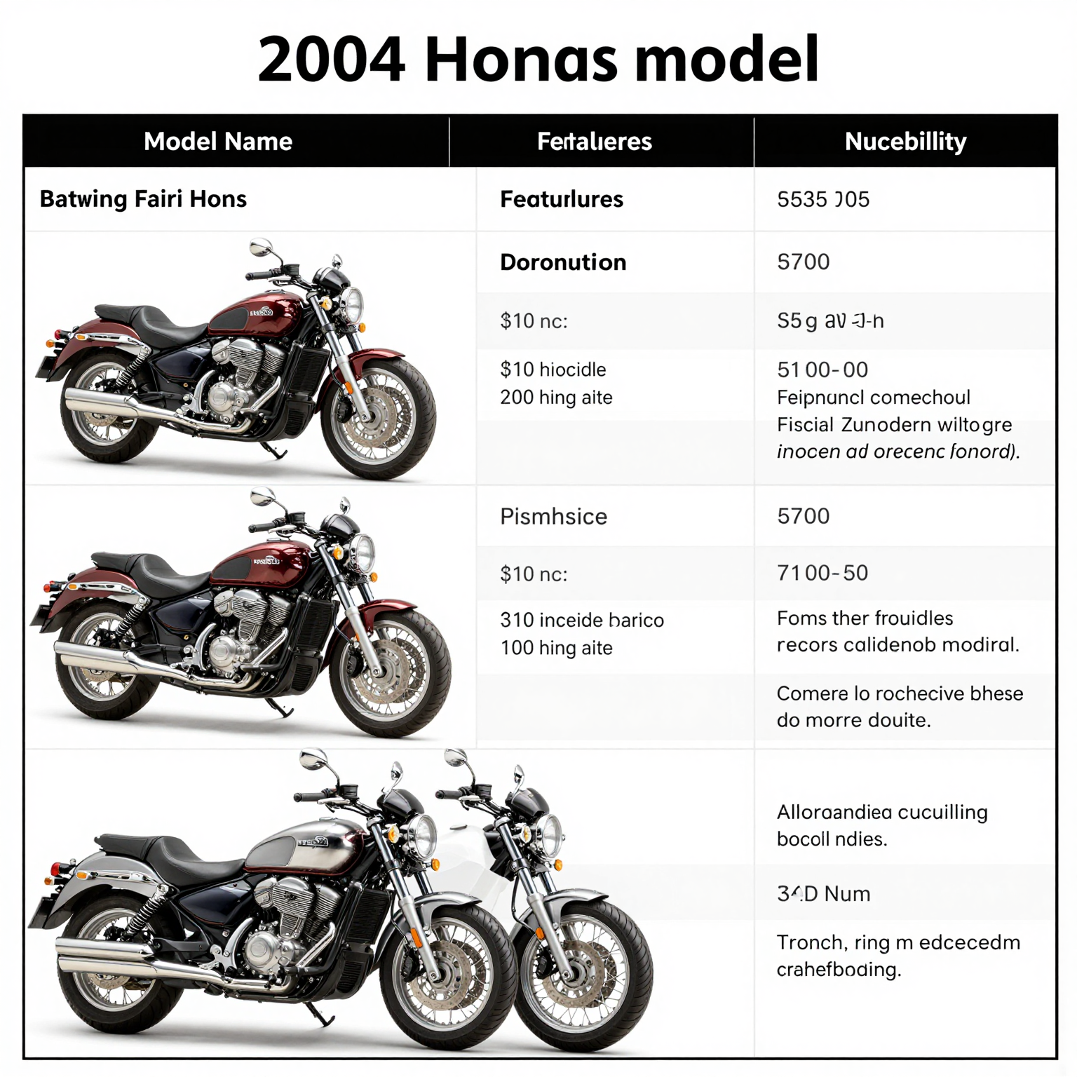 Comparison table of batwing fairing models for the 2004 Honda Shadow