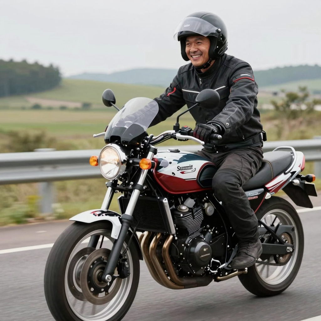 Happy motorcyclist with Summit Fairings fairing kit