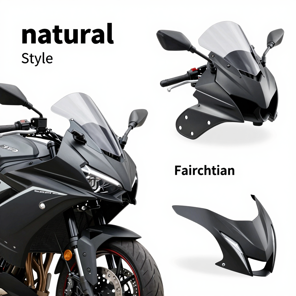 Infographic displaying various motorcycle fairing parts, including fairing covers, windshields, fairing brackets, and headlight fairings.