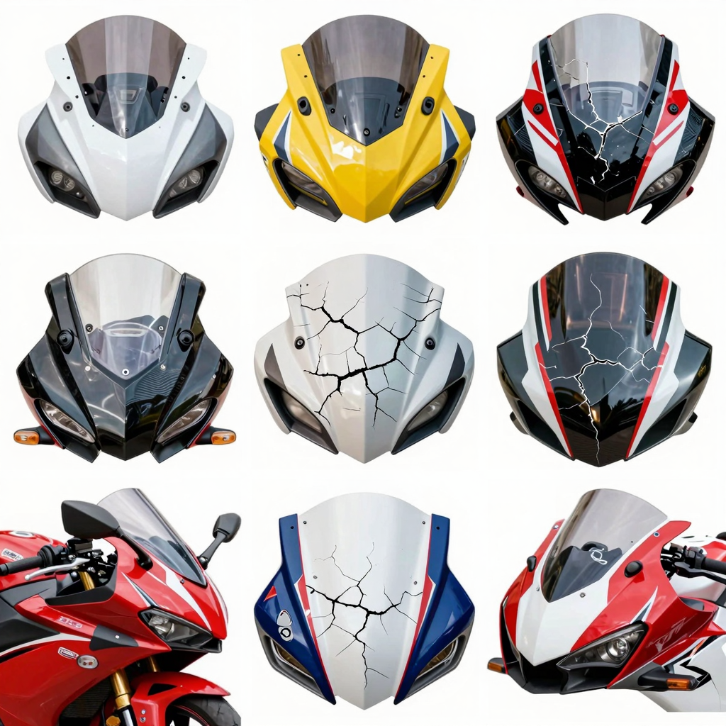 Various cracked motorcycle fairings displaying different types of cracks and damages.