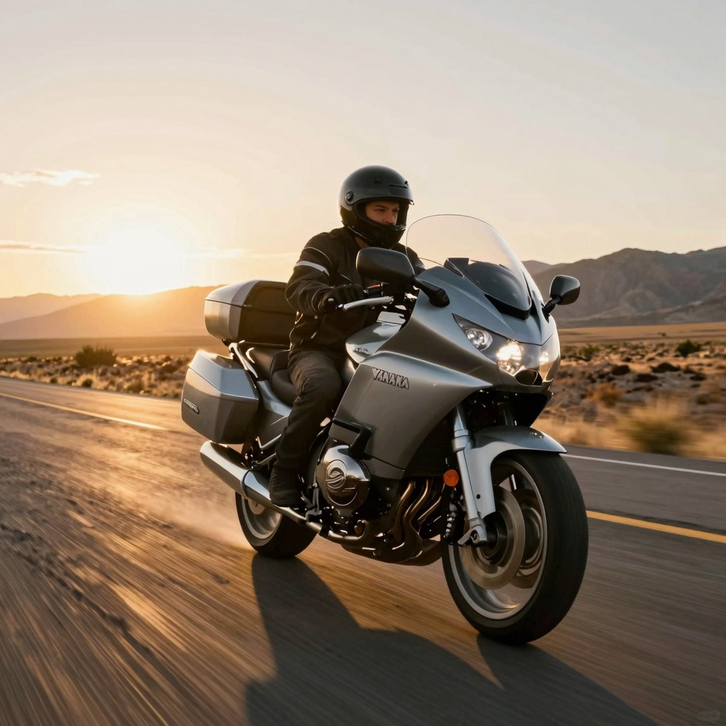 2004 Yamaha V Star 1100 with fairing cruising on open highway at sunset