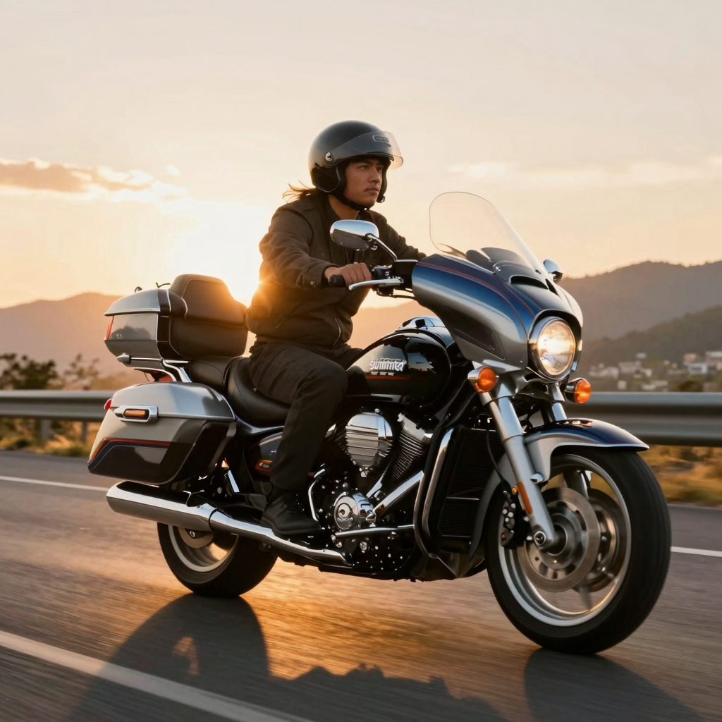 Riding a 2004 Yamaha V Star 1100 with Summit Fairing at golden hour