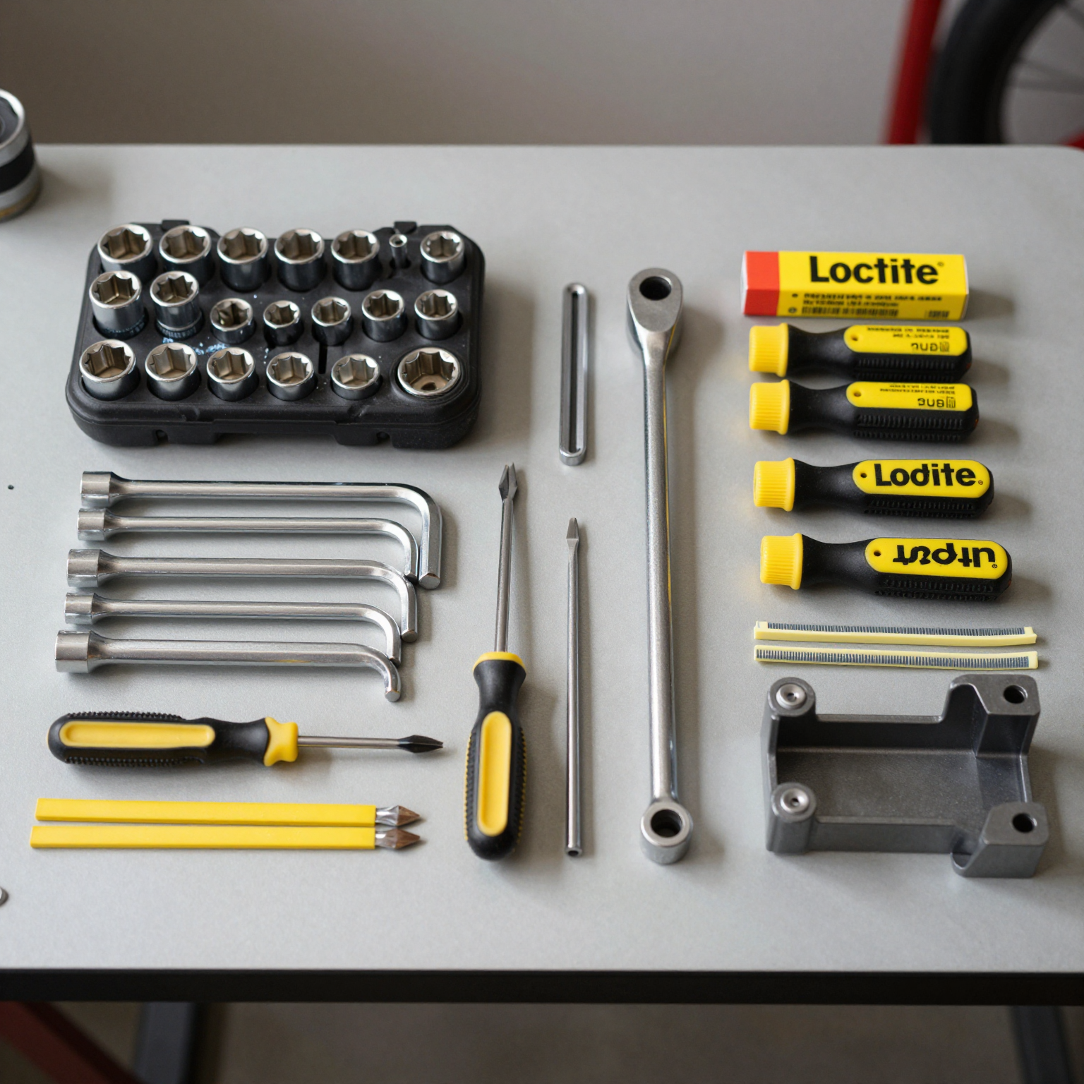 Tools laid out on a workbench for motorcycle fairing installation including socket set, Allen wrenches, screwdrivers, and torque wrench