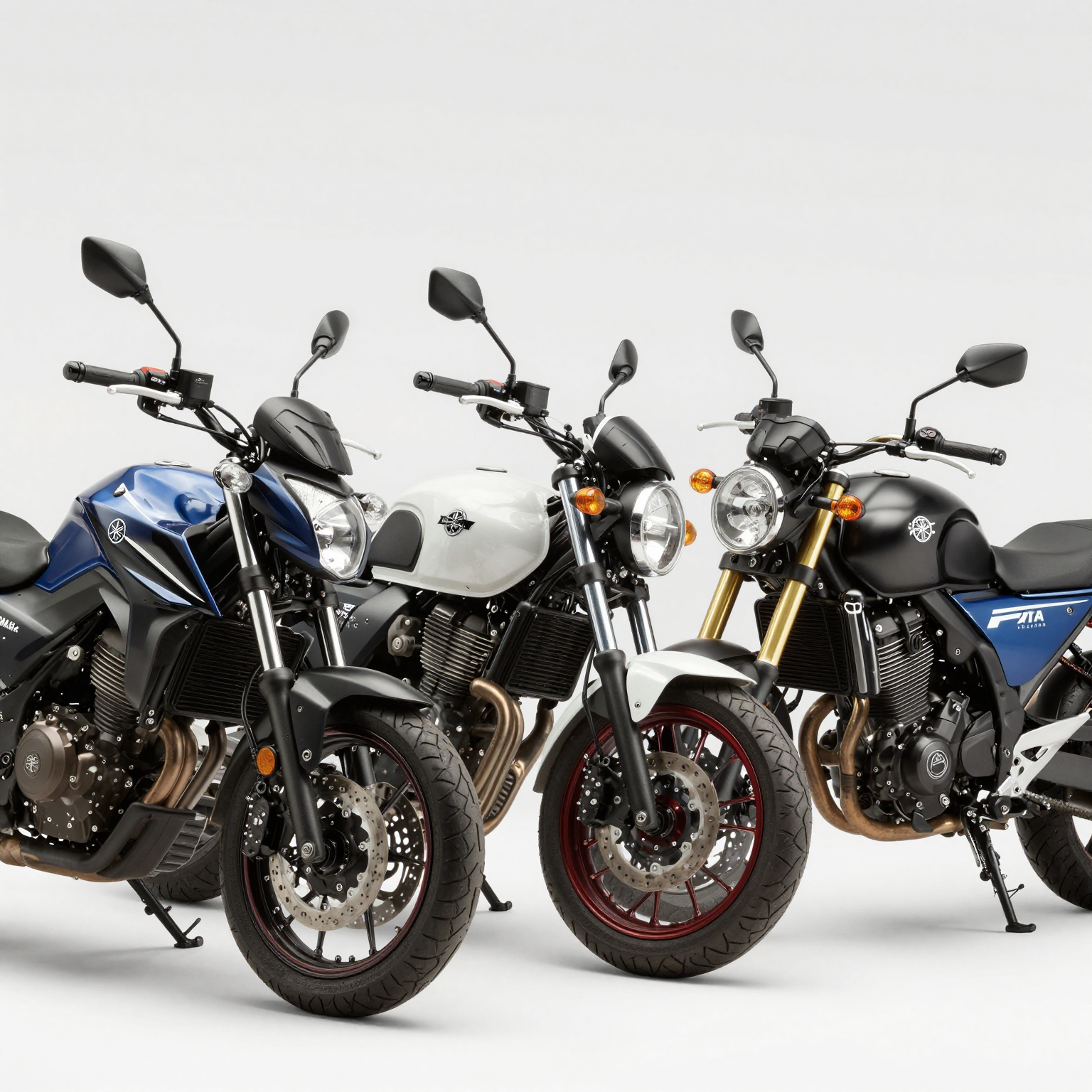 Three Yamaha Bolt motorcycles showcasing Summit Fairings front fairing styles - batwing, quarter, and cafe racer