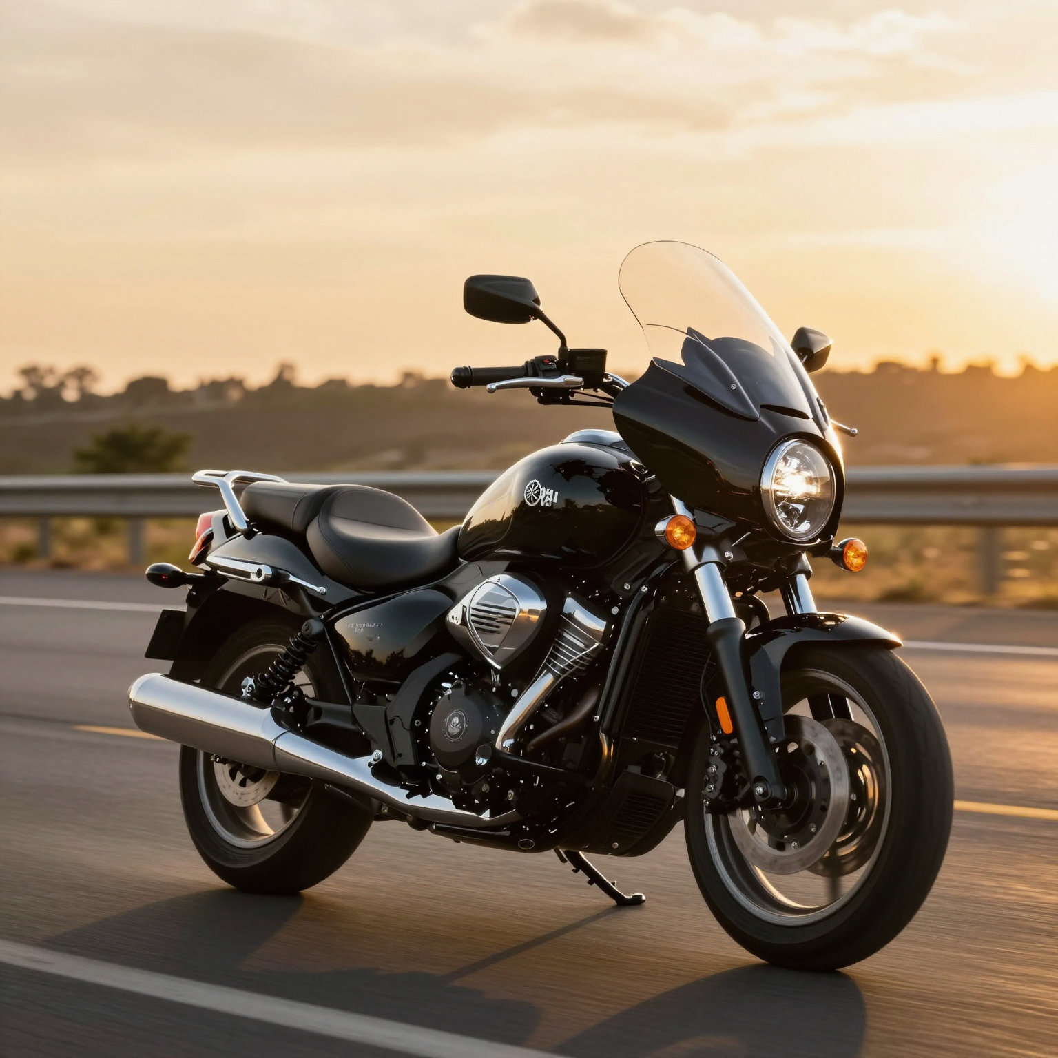 Yamaha V Star 1100 with aftermarket batwing fairing on highway at sunset