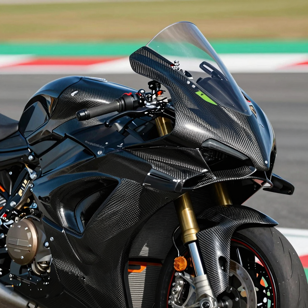 A sleek racing motorcycle showcasing carbon fiber fairings