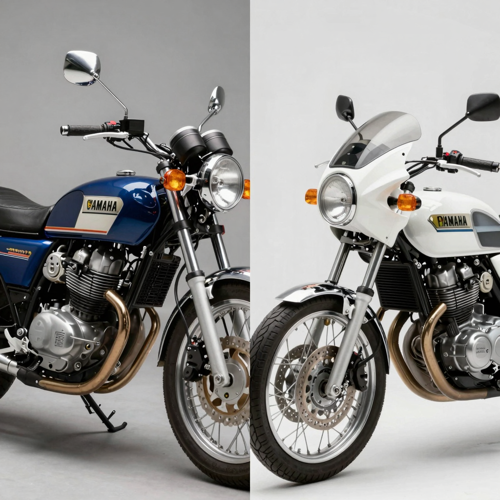 1981 Yamaha XS1100 fairing upgrade comparison showing original bulky fairing vs modern lightweight composite replacement