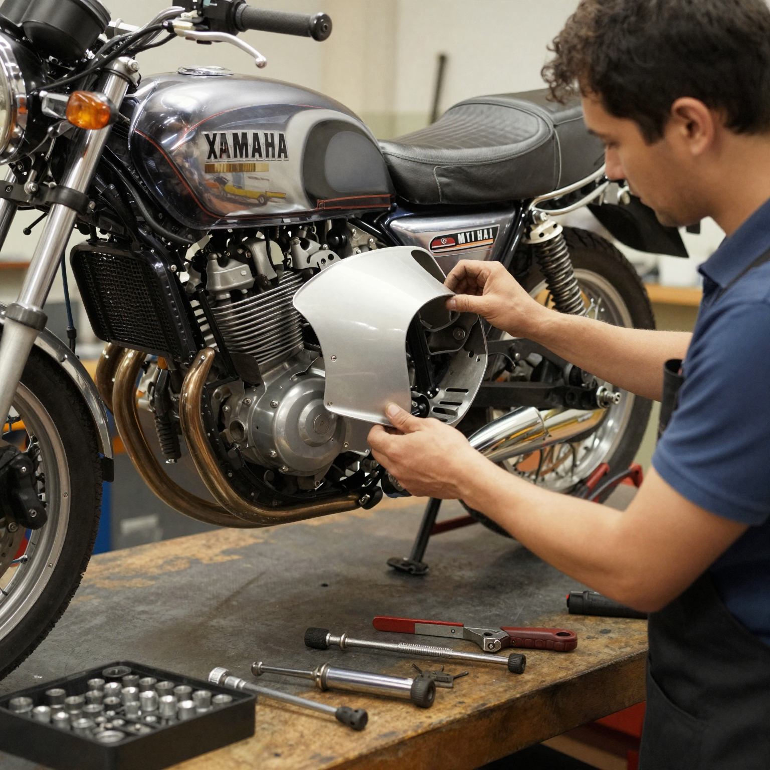 Mechanic installing fairing on a 1981 Yamaha XS1100 in a workshop
