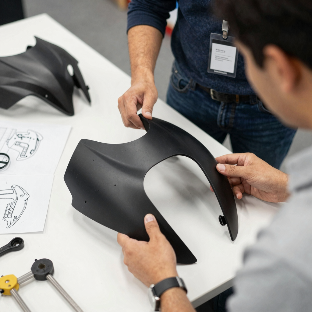 Business Owner Reviewing Motorcycle Fairings