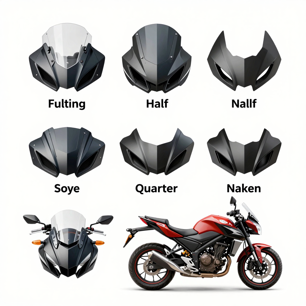 Various types of motorcycle fairings including full fairings, half fairings, and quarter fairings.