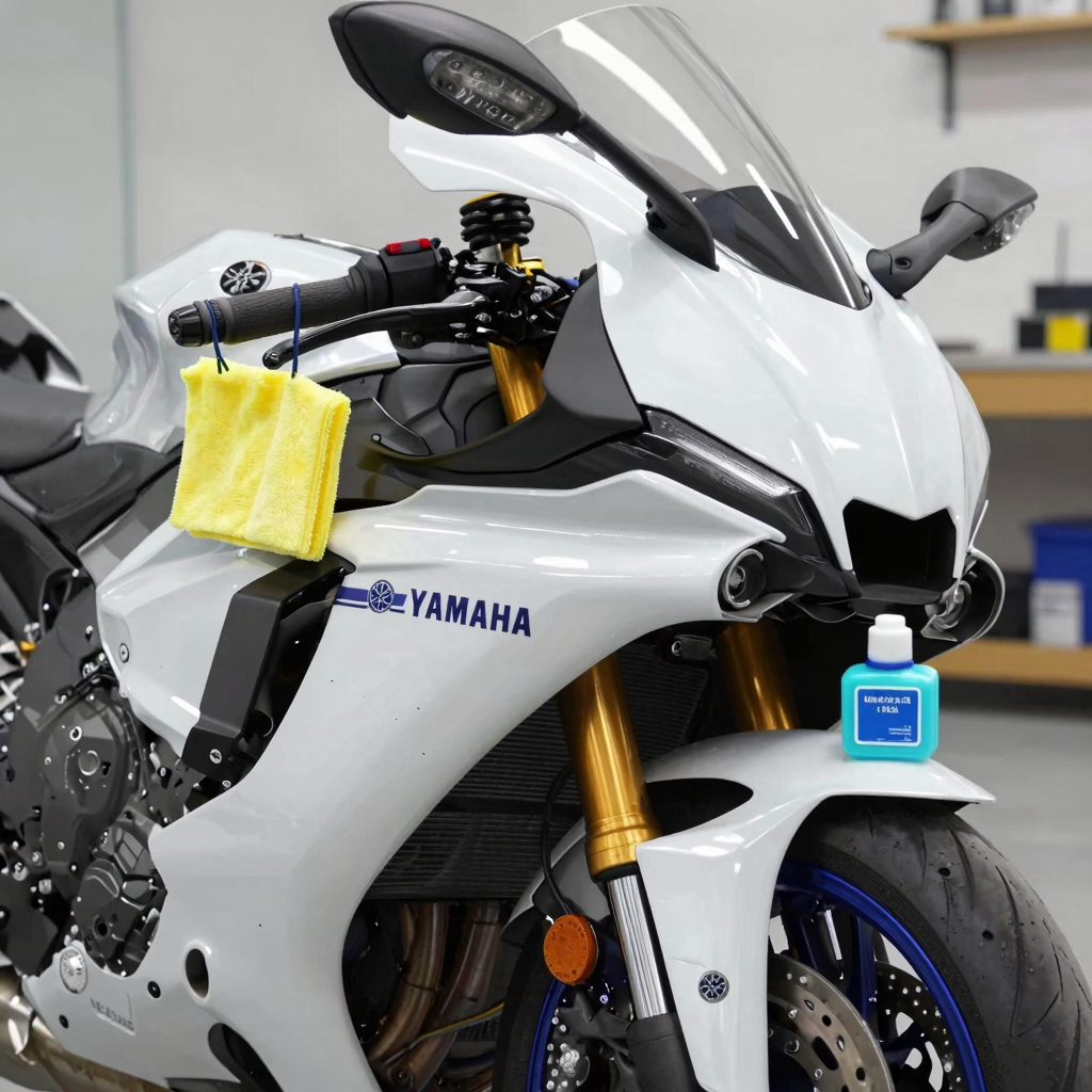 Yamaha R1 motorcycle with clean fairings and maintenance tools