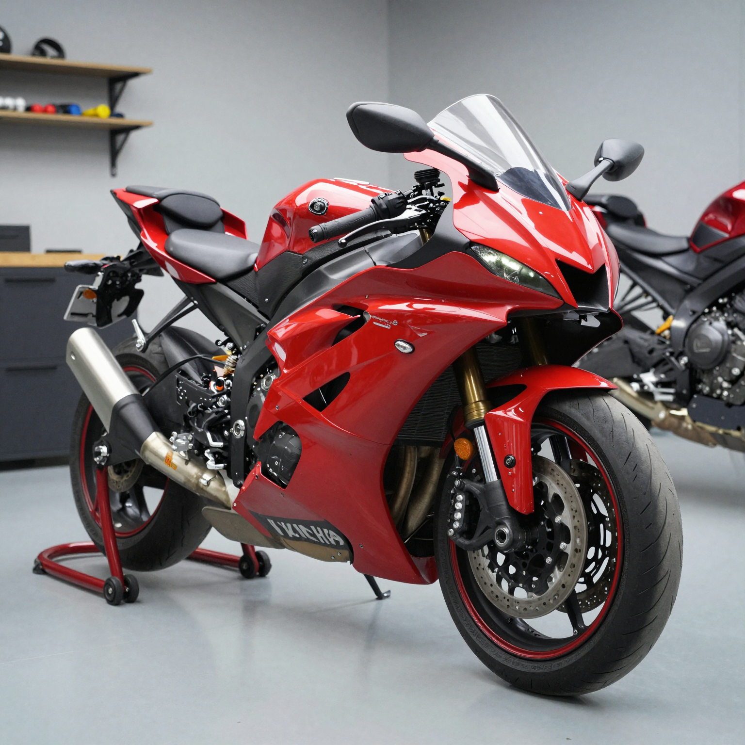 Yamaha R6 with custom fairing conversion kit in a professional workshop setting