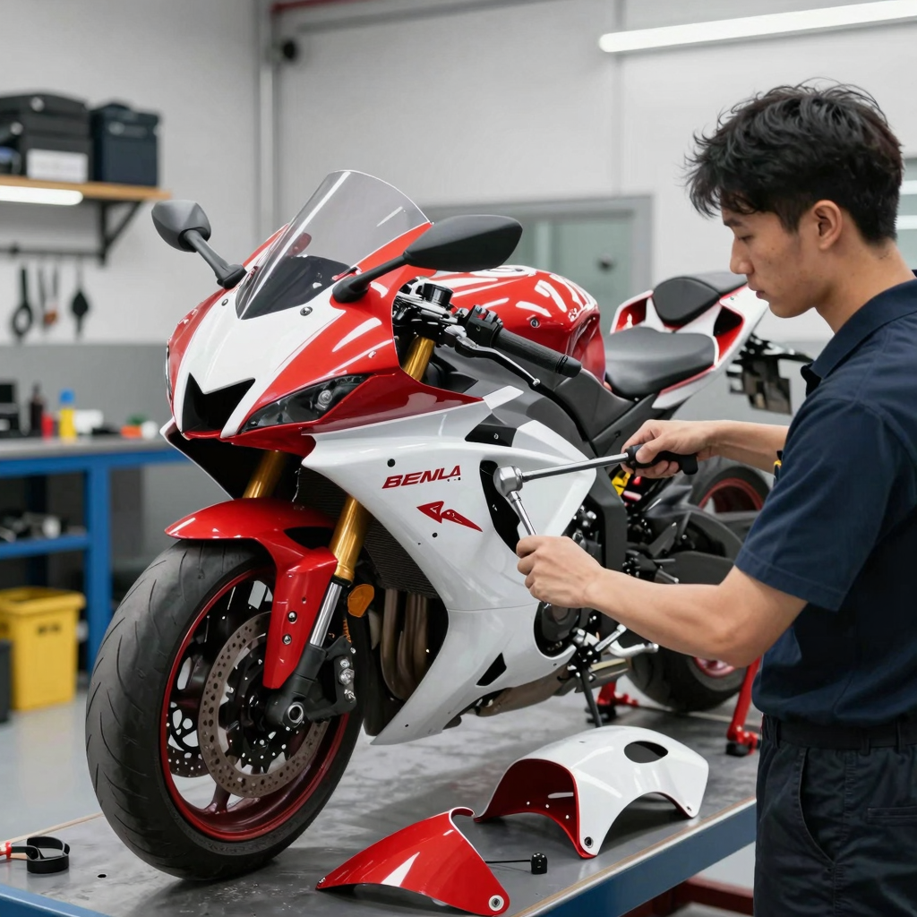 Yamaha R6 conversion kit installation by a professional mechanic in a garage workshop